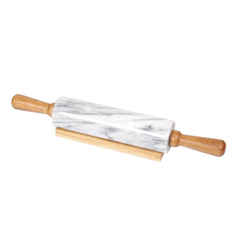 Creative Home Natural Marble Rolling Pin with Wooden Handles and Cradle, 18-Inch rolling pins for baking, Heavy Cool Surface, Dough Roller for Pastry, Pie, Pizza, Cookies, Off white - Image 1